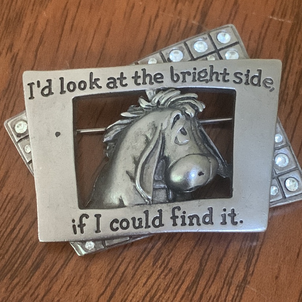 Vintage Disney Eeyore Pewter Brooch with Text and Rhinestone Detailing